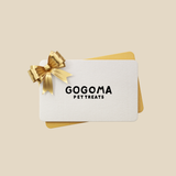Gift card with gold bow and GOGOMA PET TREATS branding on a beige background