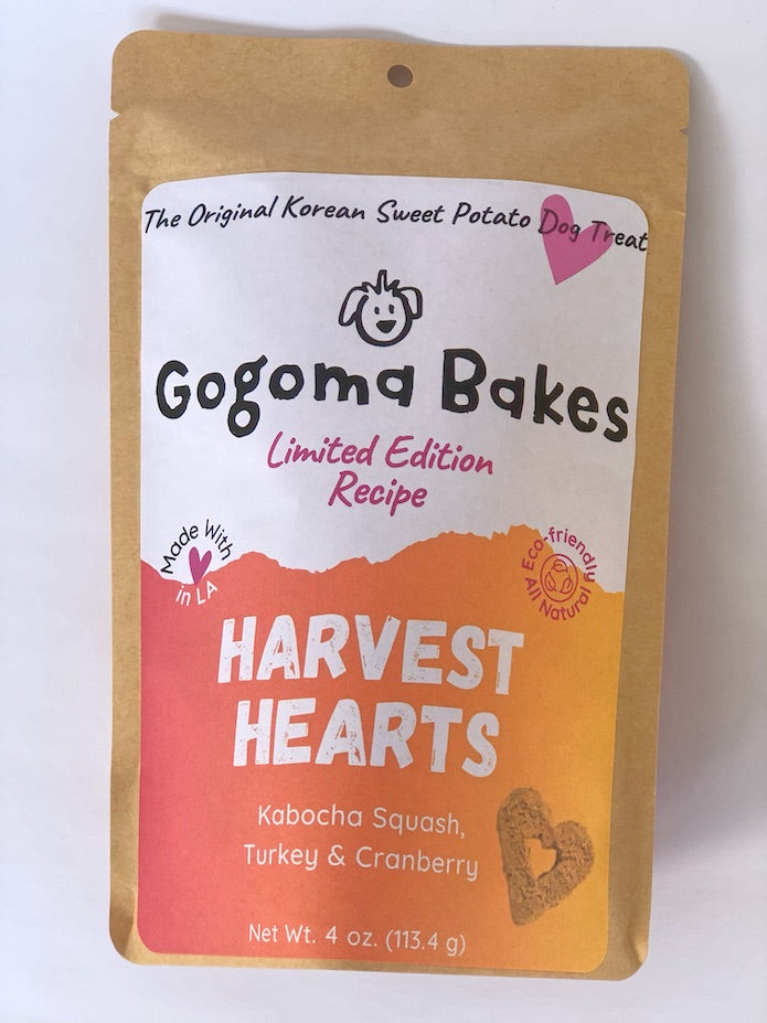 A bag of Harvest Hearts dog treats from Gogoma Bakes, the Original Korean Sweet Potato Dog Treat