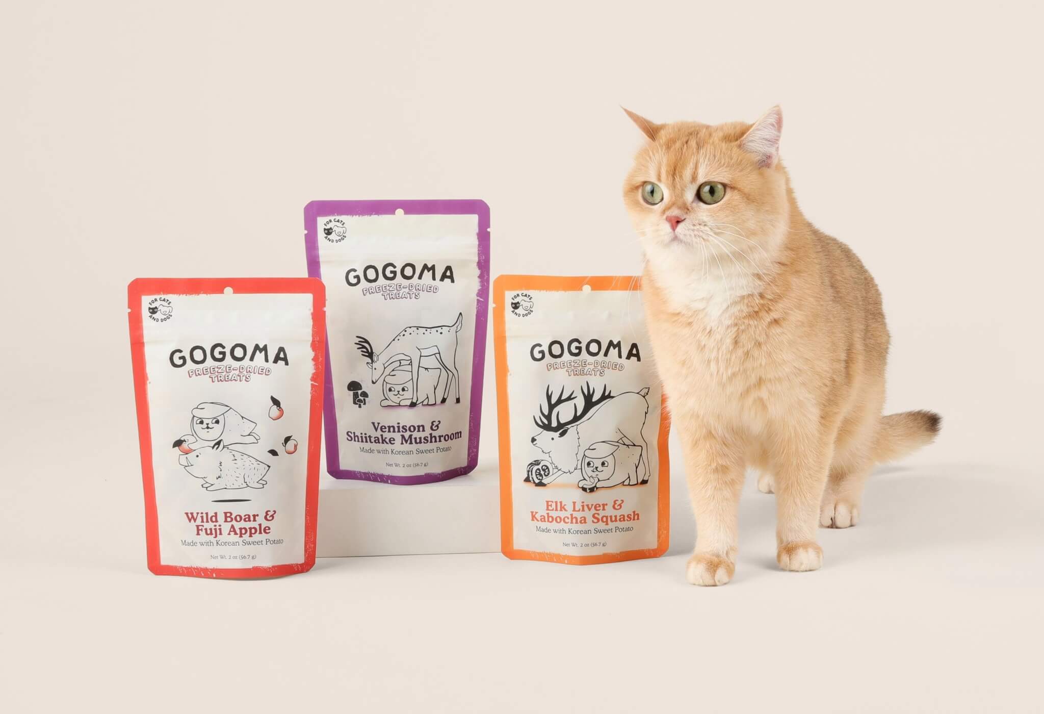 Three GOGOMA freeze-dried pet treat pouches in red, purple, and orange are displayed next to a fluffy orange cat on a light beige background.